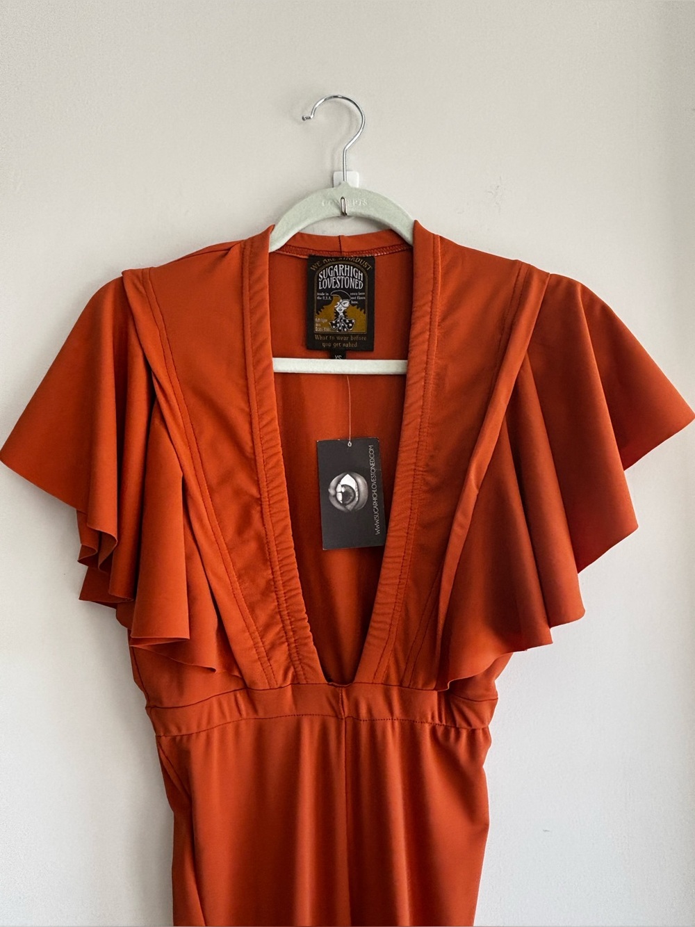 Deep V Rust-Orange Flutter Sleeve Dress